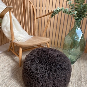 Cute Curly chocolate brown ,  sheepskin pouffe, Footstool, fur pouffe, interior decor, interior accessory, Scandinavian home