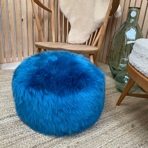 Bright Blue Genuine Sheepskin Poufee., Genuine Sheepskin Footstool, Sheepskin Poufee