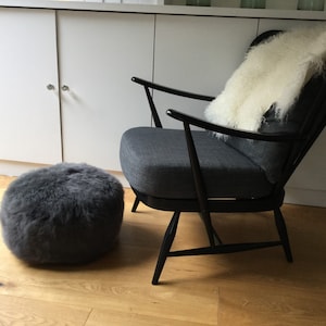 Dark grey sheepskin pouffe, sheepskin footstool, dark grey pouffe, sheepskin footstool, hygge, interior accessory , interior decor, pouffe,