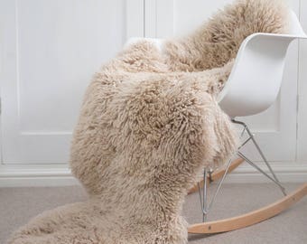 XXL Oyster Natural Curly sheepskin rug , Biscuit coloured sheepskin throw , double, long Light Taupe Sheepskin