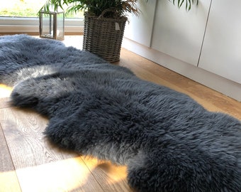 Dark grey sheepskin rug. Grey sheepskin rug, double length sheepskin rug, long sheepskin rug, grey rug, dark grey sheepskin , grey rug, grey