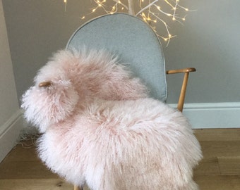 Pale Pink Mongolian Sheepskin Rug, Tibetan Lamb Fur Throw, Bed Decor, ethically sourced