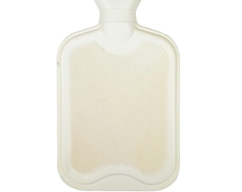 May include: A white rubber hot water bottle with a textured surface. The bottle has a wide mouth and a screw-on cap.