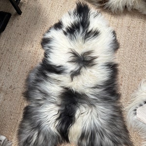 RARE!! natural Icelandic undyed spotted ivory sheepskin rug. Luxury Eco hide, Scandinavian home decor, ivory with grey spot