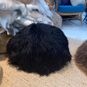 Icelandic sheepskin pouffe. Black sheepskin pouffe, Footstool, fur pouffe, interior accessory, scandinavian home