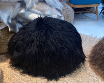 Icelandic sheepskin pouffe. Black sheepskin pouffe, Footstool, fur pouffe, interior accessory, scandinavian home