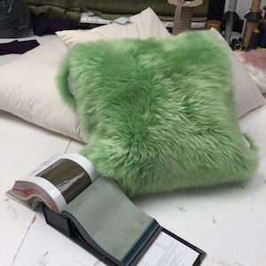 Sheepskin  , bright green sheepskin cushion , fur cushion, interior decor , cushion cover , scattter cushion ,