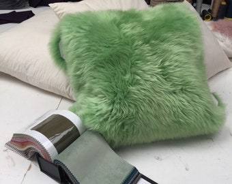 Sheepskin  , bright green sheepskin cushion , fur cushion, interior decor , cushion cover , scattter cushion ,