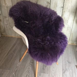 Violet purple sheepskin rug throw. Luxuriously thick, soft fleece. Rare! with optional handmde chair ties
