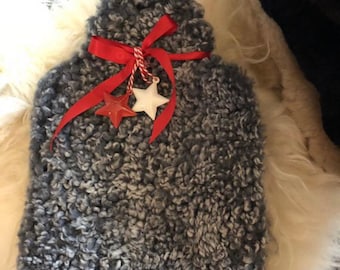 Beautiful grey curly sheepskin hot water bottle cover &#39;Hottie&#39;, Christmas gift, luxury fur, hygge, hot water bottle cover, soft fur, gray