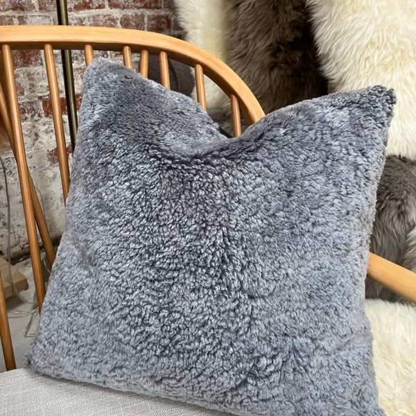 grey sheepskin cushion,  short shearling fleece, genuine sheepskin pillow, luxury handmade interior design, scandi