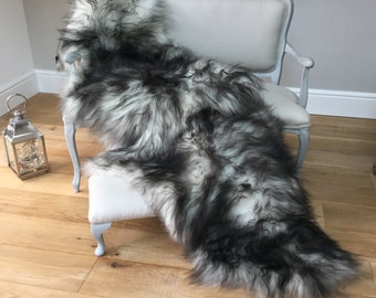 Icelandic grey sheepskin double length rug , throw .gray  Ivory , white with dark tips