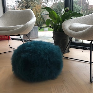Teal sheepskin , Dark green sheepskin pouffe, Footstool, fur pouffe, interior decor, interior accessory, Scandinavian home, pouffe, furry