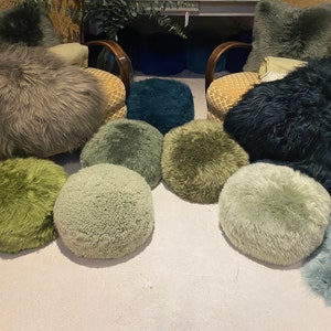 Green sheepskin pouffes, genuine sheepskin pouffe, green footstool, green accessories, botanical theme, moss green, sage green, interiors
