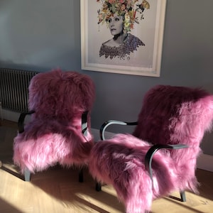 Pink Icelandic sheepskin bentwood armchair. Sheepskin chair , yeti sheepskin chair, genuine sheepskin, Icelandic sheepskin, pink furry chair