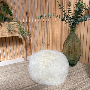 Cute Curly ivory sheepskin pouffe, Footstool, fur pouffe, interior decor, interior accessory, Scandinavian home