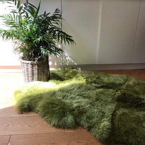 May include: A green faux fur rug with a light green border. The rug is on a wooden floor in front of a white cabinet with three doors. A potted plant is in the corner of the image.