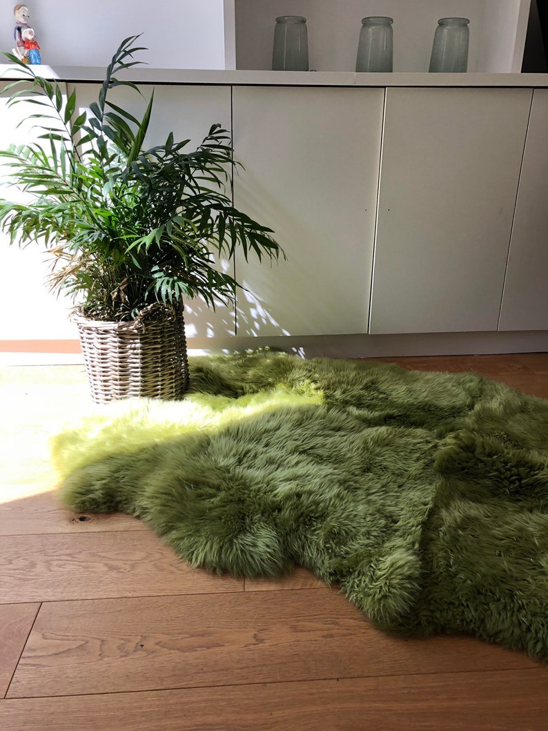 May include: A green faux fur rug with a light green border. The rug is on a wooden floor in front of a white cabinet with three doors. A potted plant is in the corner of the image.