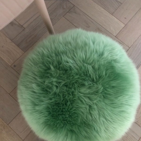 Bright green sheepskin pouffe, Footstool, fur pouffe, interior decor, interior accessory, Scandinavian home