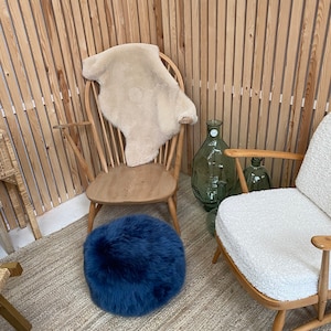French Navy Genuine Sheepskin Poufee, Genuine Sheepskin, Genuine Sheepskin Footstool, Navy Footstool, Navy Sheepskin