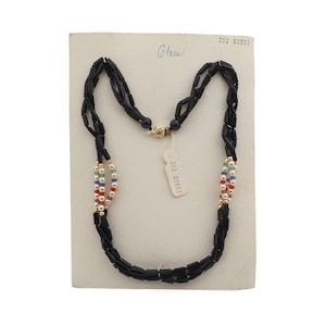 Vintage Tsjechische 3 strengen, 24", ketting zwarte vijfhoek bugel veelkleurige rondel parel glaskralen