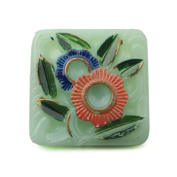 Czech vintage square uranium Art Deco floral glass button hand painted 25mm
