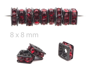 Siam Red Square rondelles Rhinestone Spacer beads jewelry findings Lot 12 pcs, 8x8mm black plated
