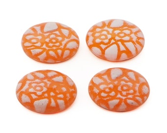 4 Czech vintage white orange floral moonglow oval glass cabochons 16x12mm