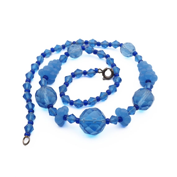 Vintage Czech necklace blue faceted opaline flowe… - image 1