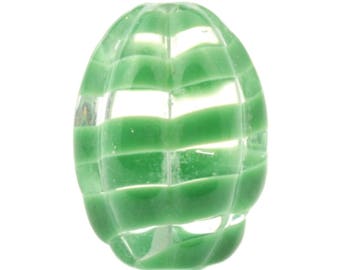 Vintage Czech green striped crystal clear bicolor melon oval glass bead 19mm