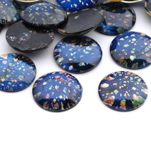 Large 25mm, Czech vintage dragons breath blue fire opal foil round glass cabochon slight second