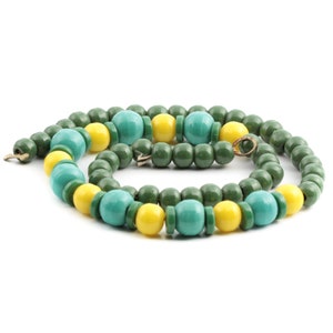 Vintage Czech 16" necklace lustre green yellow trade glass beads