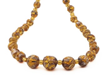 Vintage hand made Czech 19&quot; necklace lampwork Foil Topaz overlay glass beads