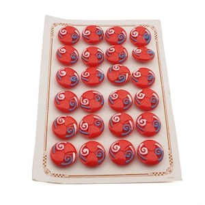 Cartão 24 peças 18 mm botões de vidro vermelho geométricos pintados à mão vintage checo