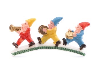 Vintage celluloid pin brooch Three Dwarfs Gnomes orchestra