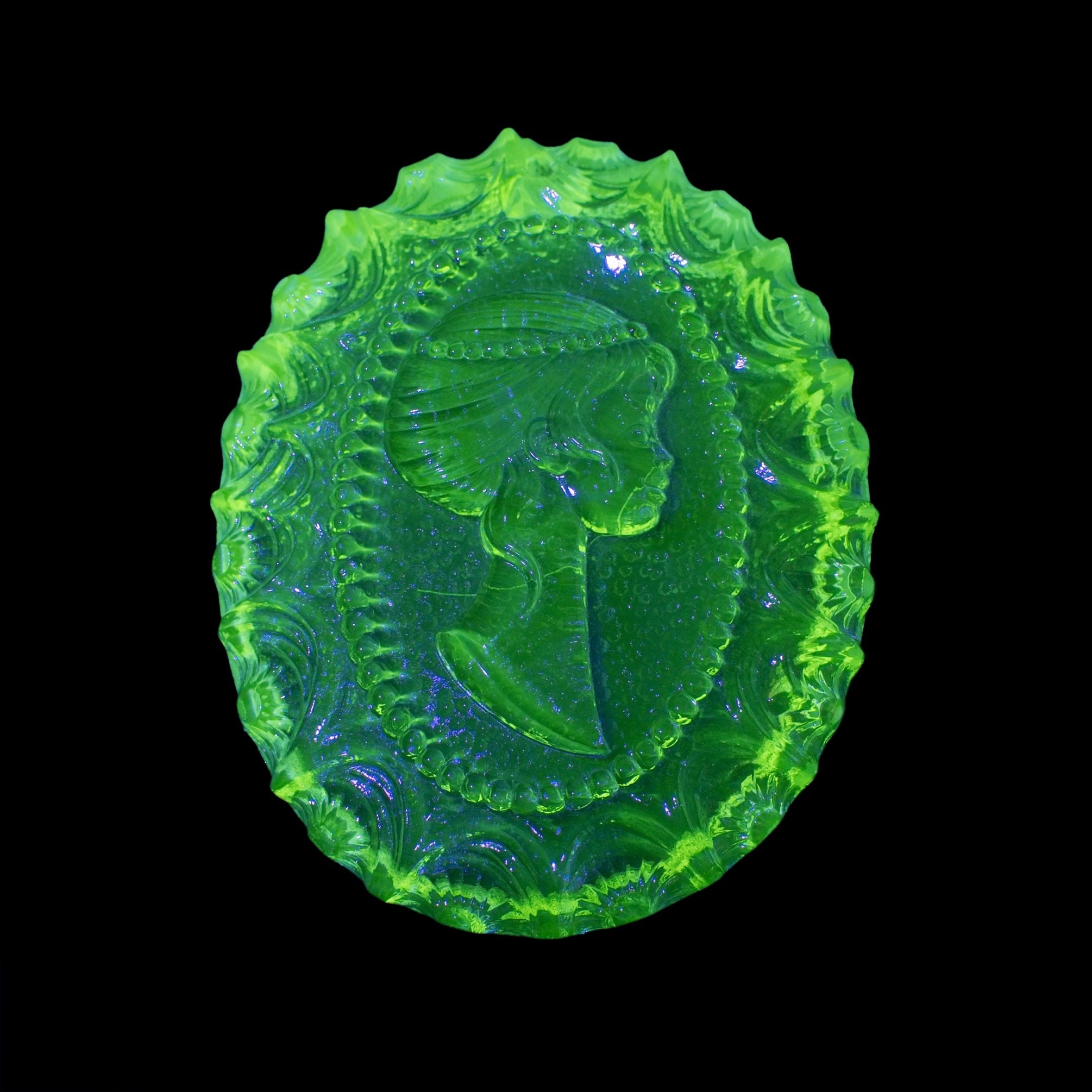 Large Czech hand made Uranium Jewelry glass cameo cabochon necklace pendant silver plated or rhodium hook