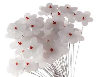 Czech lampwork opaline white flower art glass craft head pin bead stem
