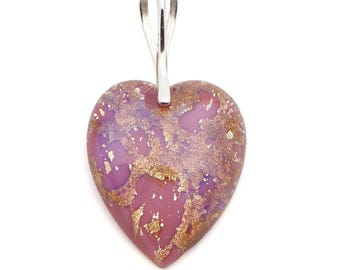 Pink Heart Pendant blue flashes Dragons breath gold foil glass 925 sterling silver loop