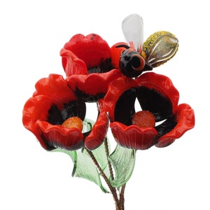 Large Bouquet lampwork 9.5&quot; Art Glass red Poppies wild flowers Bee stem ornament