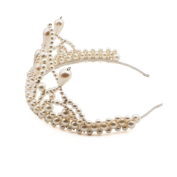 Vintage handmade pearl glass bead tiara headpiece… - image 2