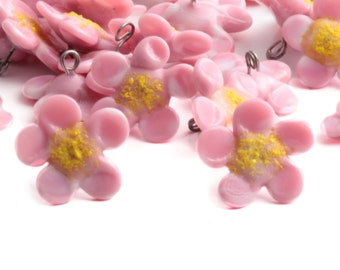 Czech lampwork pink and yellow glass flower pendant button bead
