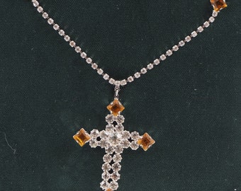 Grote Vintage Tsjechische glazen strass ketting Topaz Cross hanger