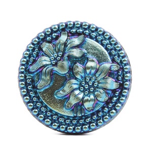 Czech 27mm, silver blue metallic lustre Edelweiss flower black glass button cabochon