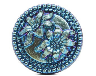 Czech silver blue metallic lustre Edelweiss flower black shankless glass button cabochon 27mm