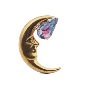 Vintage gold tone metal bicolor rhinestone crescent, Moon clothing lapel bag pin button cover