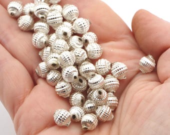 Round ribbed Christmas blown hollow silver glass beads 50pcs 8mm vintage Czech
