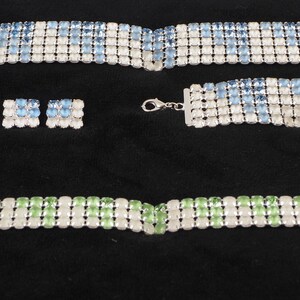 Vintage Tsjechisch glas strassteen hals choker armband mesh set oorbellen Blue Frost Crystal