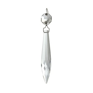 May include: A clear crystal teardrop chandelier prism with a faceted design and a silver metal connector.