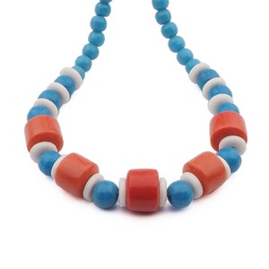 Vintage Czech 17" necklace white Red cylinder shape, Blue trade glass beads