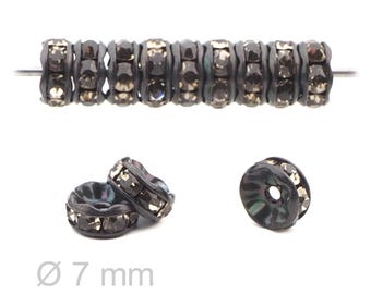 Lote de 12 piezas, 7 x 3,5 mm, cuentas espaciadoras de diamantes de imitación checos de color negro, chapadas en negro, para joyería.